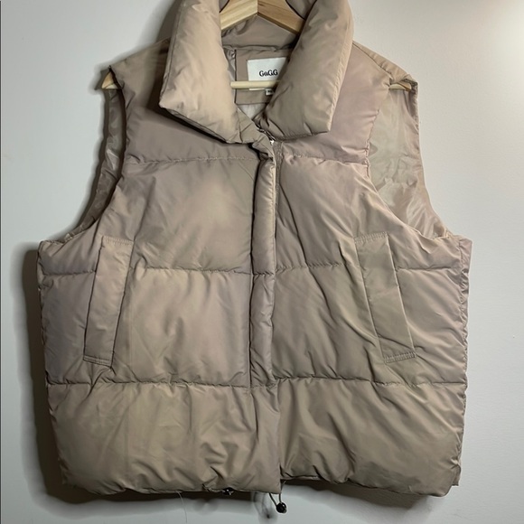 Tan Quilted Puffer Vest with Stand-Up Collar - Picture 1 of 10